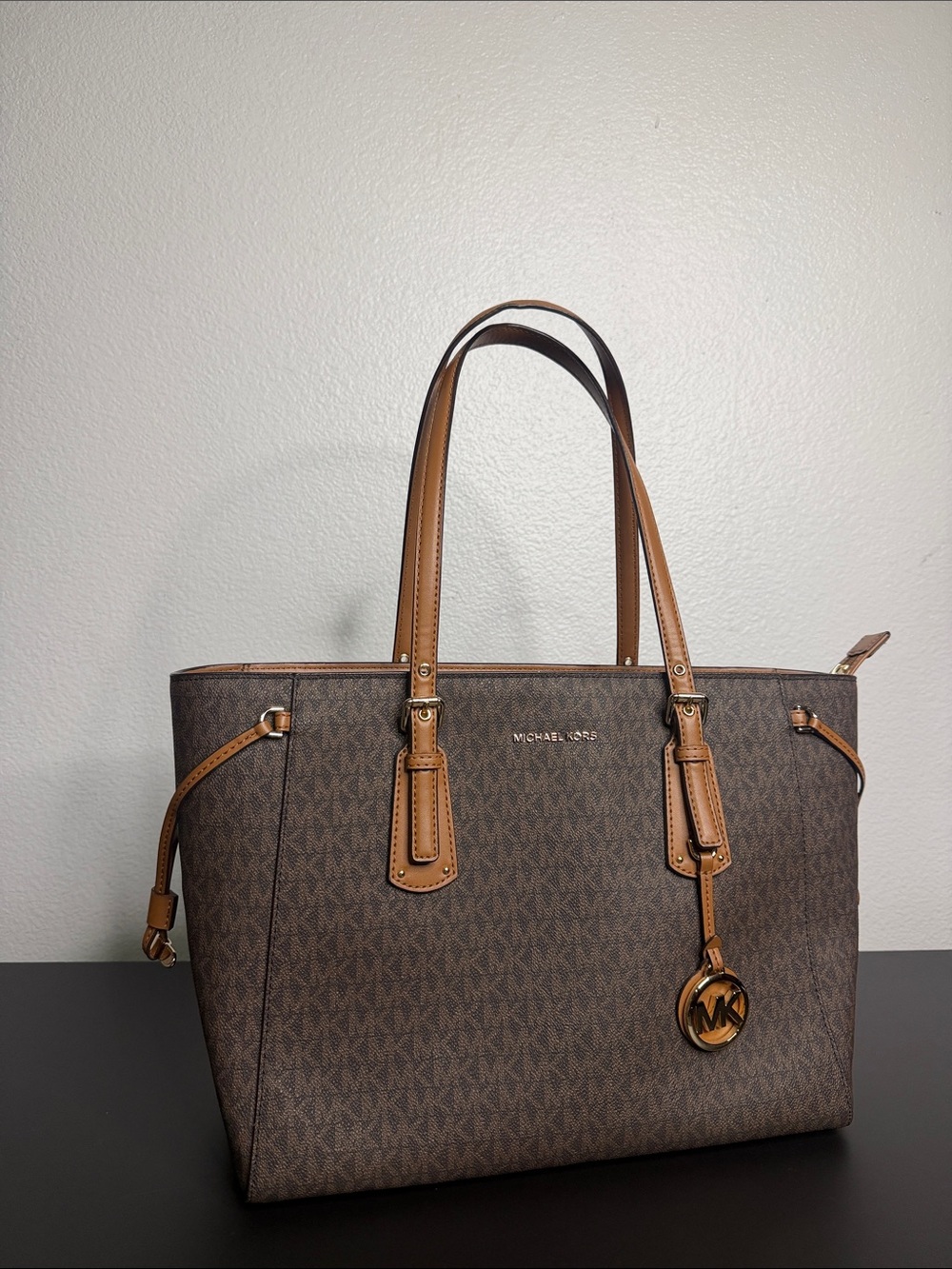 Michael Kors Brown Monogram Tote with Tan Trim